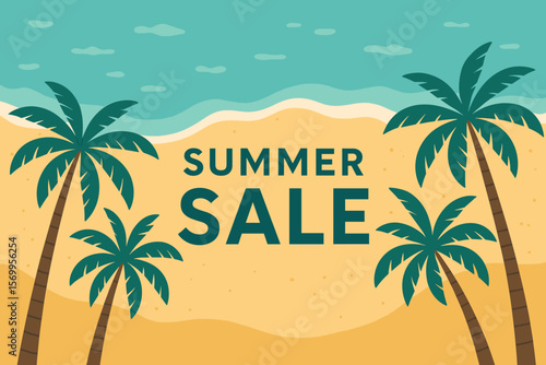 Summer sale promotional web banner flyer template. Vector illustration of a tropical beach with palm trees. Sandy seashore top view background for travel or vacation ad.