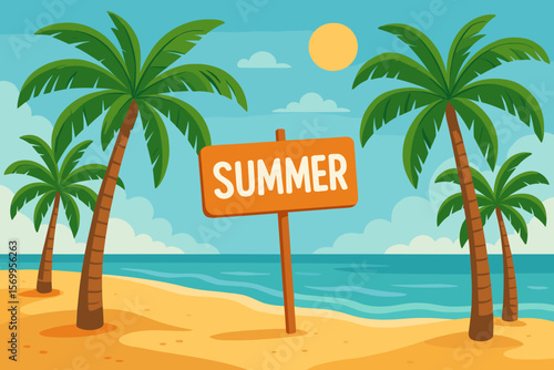 Tropical beach with palm trees and a summer sign. Paradise island landscape for a holiday vacation. Sandy shore and ocean background. Modern flat cartoon vector illustration.
