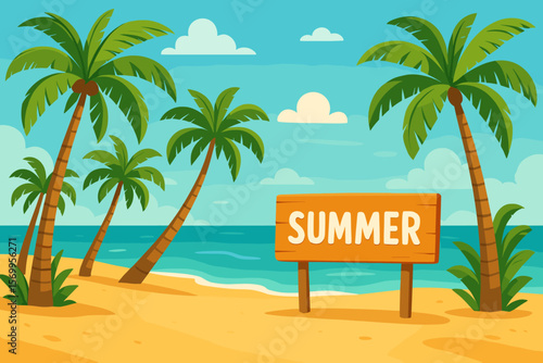 Summer vacation concept with tropical beach and palm trees. Paradise island landscape with ocean waves and sandy shore. Wooden sign with the word Summer. Vector illustration.