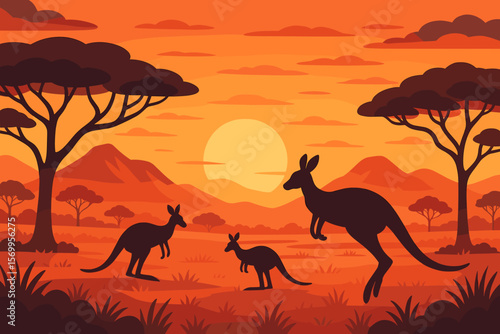 Kangaroo silhouettes in Australian landscape at sunset. Wild nature of Australia concept. Vector illustration of savannah, outback, mountains and trees. Wildlife travel background.