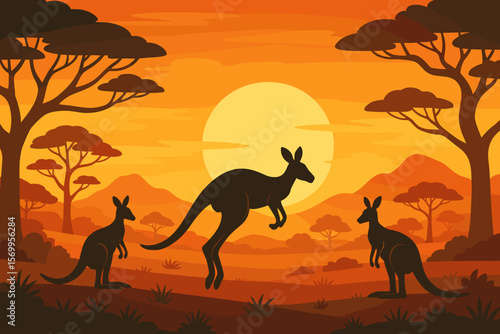 Australian Landscape Sunset Vector. Wild Nature Australian Savannah Kangaroos Mountains Trees Amazing Sun Silhouette. Outback Wildlife Travel Tourism.