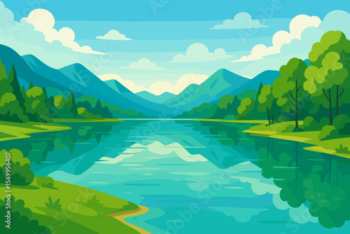 Summer lake landscape with mountain reflection. Nature scenery background. Green forest shore. Serene tranquil view. Beautiful valley. Flat cartoon vector illustration. Banner.