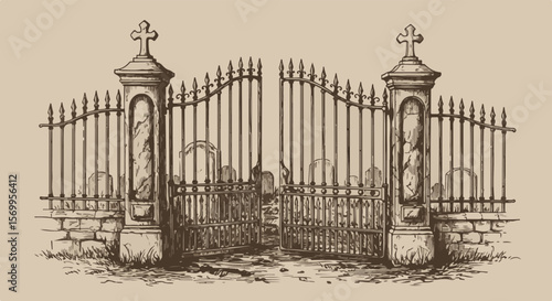 Open graveyard gate with ornate design and stone pillars  