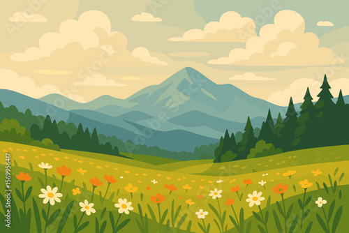 Summer spring landscape. Nature background. Green valley, field with flowers, mountains, forest. Scenery for travel, tourism, outdoor adventure. Modern flat cartoon vector illustration.