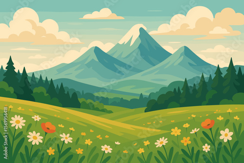 Summer mountain landscape. Nature scenery background. Field with flowers, hills and forest. Outdoor travel, hiking, tourism concept. Flat cartoon vector illustration.