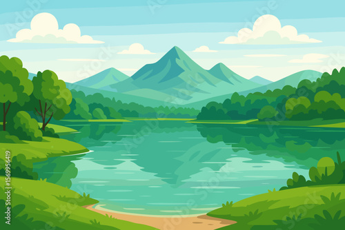 Summer lake landscape. Mountain scenery background. Green forest shore with water reflection. Peaceful nature view. Outdoor tourism, travel vacation concept. Flat cartoon vector.
