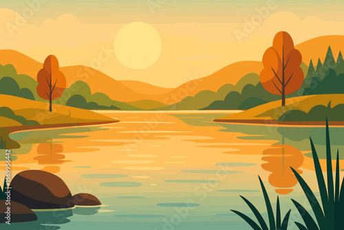 Peaceful lake landscape at sunrise or sunset. Scenic nature view with mountains, sun, and forest trees. Modern flat cartoon vector illustration for background or banner.