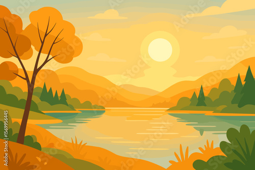 Autumn landscape with lake and mountains during sunrise or sunset. Peaceful nature scenery with orange sun and forest. Modern flat cartoon vector illustration background.