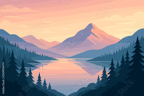 Mountain lake landscape at dawn or sunset. Vector illustration in modern flat cartoon style. Tranquil nature scene with forest, water reflection. Serene beautiful scenery.
