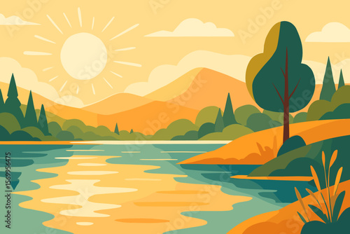 Landscape nature background. Lake mountain sun scene. Summer morning day. Outdoor travel tourism. Peaceful scenery. Calm water reflection. Flat cartoon vector illustration banner.