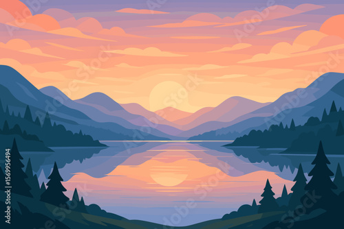 Mountain landscape vector illustration. Scenic view of lake with reflection at sunrise or sunset. Nature background with sun, forest, and mountains. Flat cartoon style.
