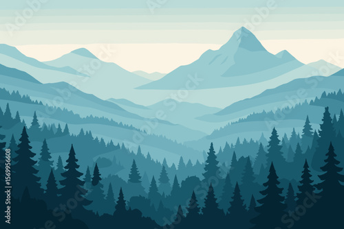 Panoramic mountain landscape with layered peaks and pine forest silhouette. Misty blue morning fog over wilderness valley. Nature adventure travel background vector illustration.