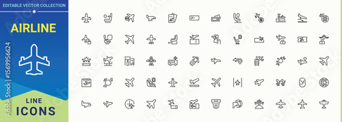 Airline icon set. Airplane icon set. Contain linear symbols airport, ticket, travel, air bus, plane, airport, air and more. Vector illustration. Pixel perfect.