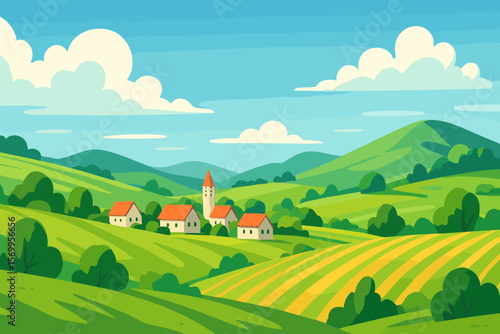 Summer village landscape with green hills and fields. Countryside scene with houses and church. Rural nature background. Agriculture farm land. Flat cartoon vector illustration.