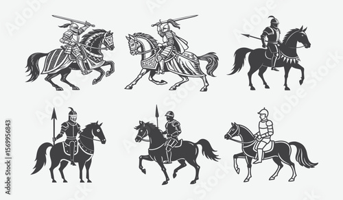 Medieval Knight in Full Plate Armor on Warhorse in Detailed Engraving Style Silhouette Illustration Design