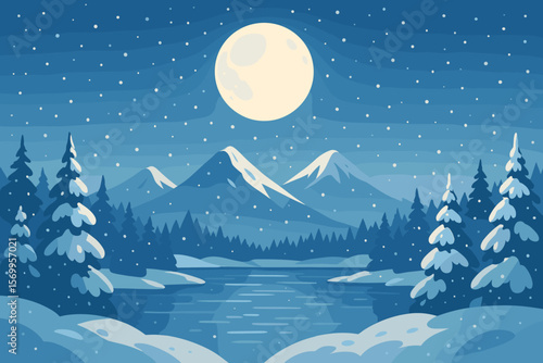 Majestic Winter Night Landscape. Full Moon Over Snowy Mountains, Pine Forest, Frozen Lake. Tranquil Snowfall, Serene Nature, Peaceful Wilderness, Flat Vector Illustration