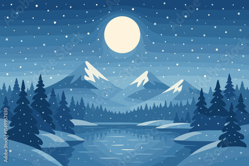 Winter Night Landscape. Full Moon Over Snowy Mountains, Pine Forest, Frozen Lake. Tranquil Winter Scenery, Snowfall, Blue Tones, Flat Vector Illustration, Nature, Peaceful, Nighttime