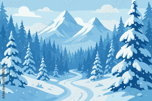 Majestic Winter Mountain Landscape with Snowy Pine Forest, Serene Hiking Trail, Snow-Covered Trees, Blue Sky, Peaceful Nature, Flat Vector Illustration