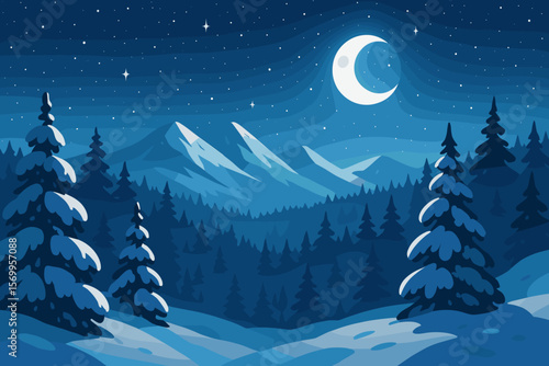 Winter Night Forest Landscape with Snowy Pine Trees, Majestic Mountains, Crescent Moon, Starry Sky, Peaceful Nature, Flat Vector Illustration