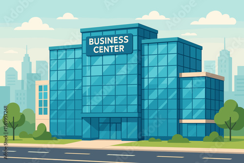 Modern Business Center Glass Office Building, Urban Cityscape, Contemporary Architecture, Commercial Real Estate, Office Park, Blue Glass Facade, Trees, Road, Daytime, Vector Illustration