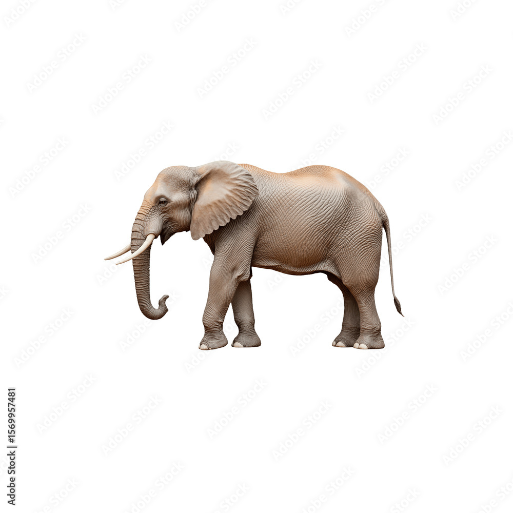 Obraz premium Majestic Elephant Portrait: A solitary elephant, majestic and colossal, gracefully strides against a clean backdrop, its immense presence a testament to the beauty and power of the wild. 