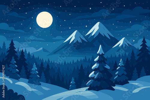 Magical Christmas Night Winter Landscape, Snowy Mountains, Pine Forest, Snowdrifts, Full Moon, Starry Sky, Tranquil Nature, Holiday Scenery, Peaceful Nighttime Wilderness