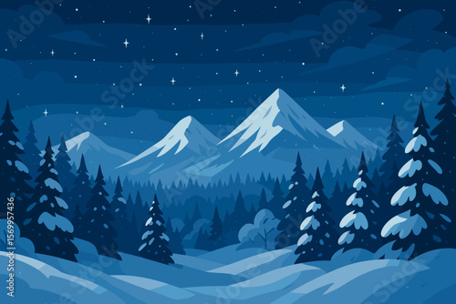 Magical Christmas Night Winter Landscape, Snowy Mountains, Pine Forest, Snowdrifts, Starry Night Sky, Peaceful Nature, Holiday Scenery, Tranquil Wilderness, Seasonal Illustration