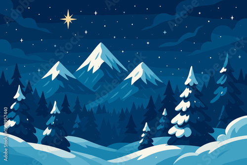 Magical Christmas Night Winter Landscape, Snowy Mountains, Pine Forest, Snowdrifts, Starry Night Sky, Holiday Scenery, Peaceful Nature, Festive Season, Tranquil Winter Wonderland