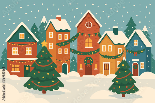 Festive Christmas Village Scene. Snowy Winter Town with Decorated Houses, Christmas Trees, Garlands, Holiday Lights, Snowdrifts, Seasonal Celebration, Cozy Urban Landscape