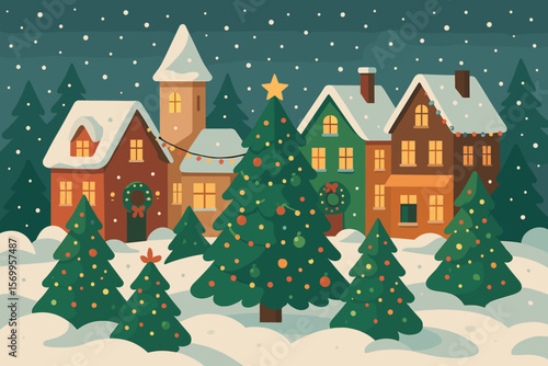 Festive Christmas Village Scene with Decorated Houses, Snowy Trees, Holiday Garlands, Wreaths, Snowdrifts, Winter Night, Christmas Lights, Cozy Homes