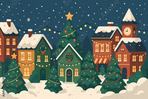 Festive Christmas Village Scene. Snowy Winter Town with Decorated Houses, Christmas Trees, Garlands, Holiday Lights, Snowdrifts, Night Sky, Cozy Homes, Seasonal Celebration