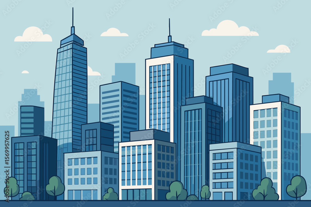 Fototapeta premium Modern Cityscape Skyline with Tall Skyscrapers, Office Buildings, Urban Business District, Blue Tones, Flat Vector Illustration, Metropolitan Architecture, Downtown Concept