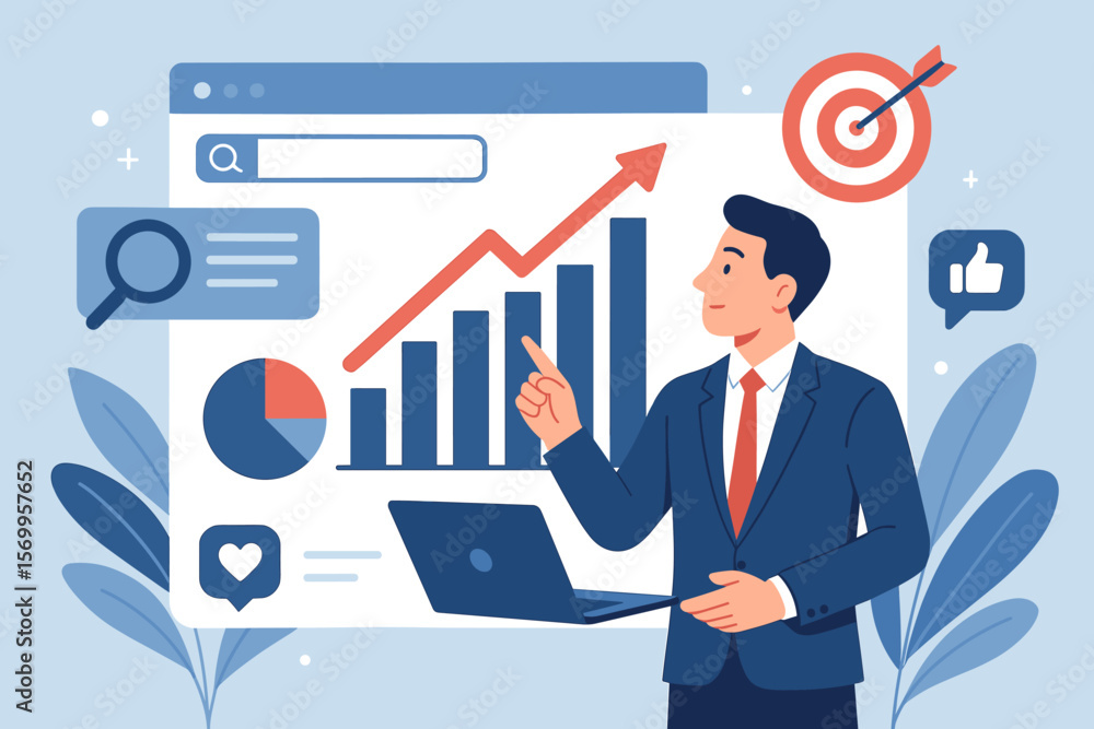 Digital marketing data analysis for business growth. Man with laptop studies chart, search engine stats. Business development, target goal, data science insight, success vector. Digital marketing data analysis for business growth. Man with laptop studies chart, search engine stats. Business development, target goal, data science insight, success vector.