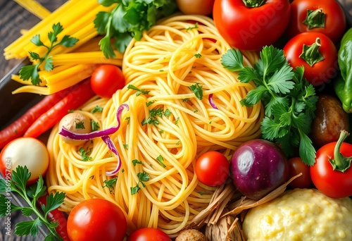 Vibrant fresh pasta ingredients, colorful vegetables, herbs,  zucchini,  ingredients