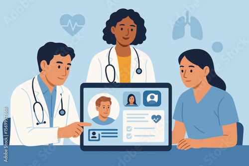 Doctor team with nurse analyzes patient electronic medical record on a digital tablet. Online consultation, EMR, and modern healthcare technology flat vector illustration.