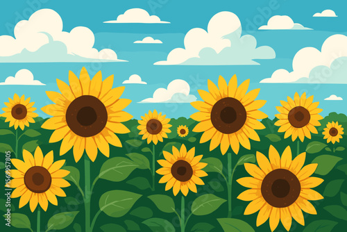 Field of sunflowers landscape against blue sky with clouds. Summer agriculture scene. Floral nature background. Sunny day vector cartoon illustration in modern flat design.