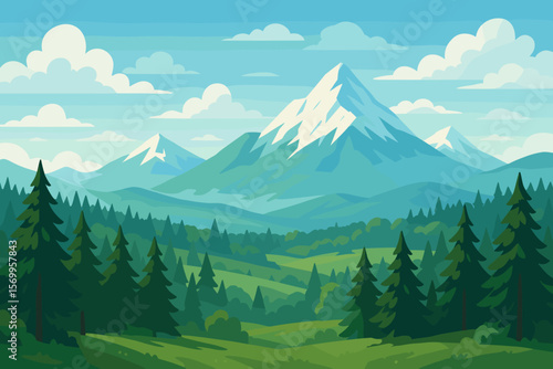 Mountain landscape panoramic view. Vector flat illustration of summer nature scenery. Green forest with pine trees, hills. Snow capped peaks and blue sky with clouds backdrop.