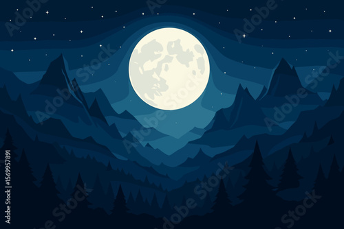 Mysterious night landscape with full moon and stars over mountains and forest silhouette. Spooky Halloween vector background. Dark blue nature scene with moonlight and sky.