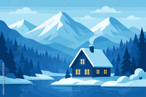 Winter landscape with a cozy house by a lake in the mountains. Vector illustration of a cabin in a snowy forest. Serene nature scenery, travel or solitude concept. Modern flat design.