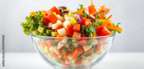 A colorful array of chopped vegetables bursts from a clear glass bowl, showcasing freshness and healthy eating,   natural,  overhead