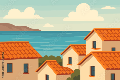 Coastal village with houses featuring traditional clay tile roofs against a serene seascape. Summer vacation travel concept. Modern flat vector cartoon illustration.