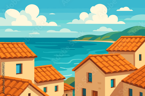 Mediterranean village by the sea with houses and tile roofs. Coastal townscape landscape. Summer vacation travel background. Europe destination concept. Flat vector illustration.