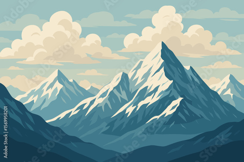 Mountain landscape with snow-capped peaks. Concept of mountaineering, climbing, hiking and adventure. Extreme sport vacation. Outdoor nature background. Modern flat vector art.