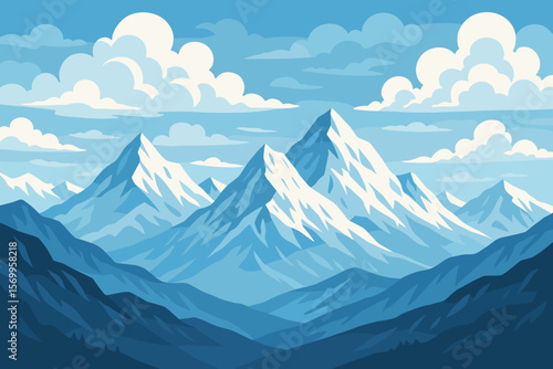 Mountain landscape with snow-capped peaks and clouds. Concept for mountaineering, climbing, hiking, and outdoor adventure. Modern flat vector illustration for travel banner.