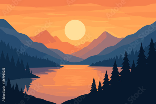 Mountain lake landscape at sunrise or sunset. Pine forest and mountain silhouettes. Modern flat vector cartoon illustration. Nature background scenic view at dawn or dusk.