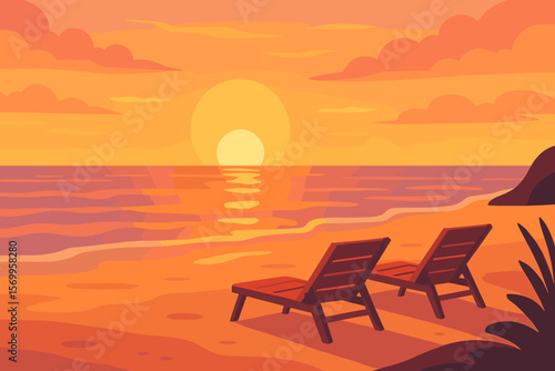 Landscape sunset on the beach. Sun loungers on the seashore. Beautiful seascape background. Romantic evening vacation. Tropical travel journey. Modern flat vector illustration.