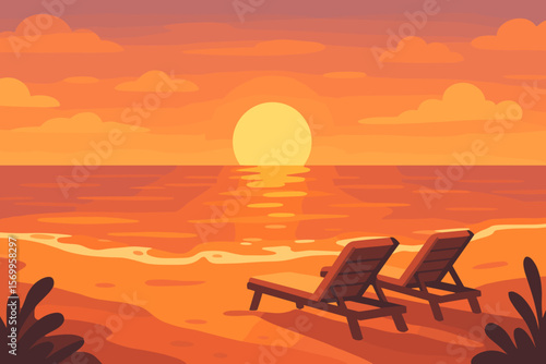 Romantic beach sunset landscape with two sun loungers on the seashore. Beautiful tranquil seascape for vacation or travel banner. Modern flat vector cartoon illustration.
