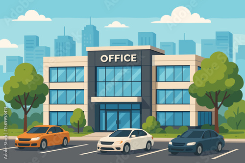 Modern office building exterior with parking lot and cars against a city business district backdrop. Urban company headquarters. Flat vector cartoon illustration concept.