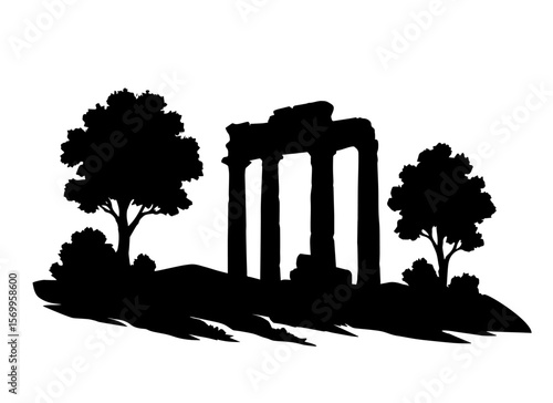 Vector situation of ancient ruins, columns and plants.