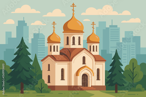 Orthodox Christian Church with Golden Domes, Urban Skyline, Pine and Fir Trees, Modern City Park, Religion Architecture, Vector Illustration